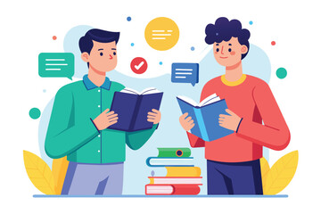 Two individuals standing side by side holding books in their hands, men are looking for and working the rules, Simple and minimalist flat Vector Illustration