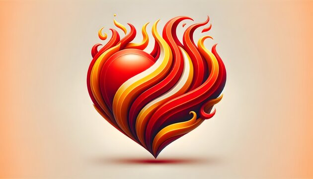 Ignited Embrace: Artistic 3D Heart with Red to Yellow Gradient Engulfed in Stylized Flame Waves
