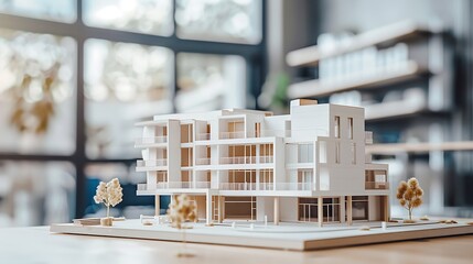 Busy Real Estate Office: Expert Agents Discussing Plans with Model of Apartment Building, Strategizing Growth and Investment Opportunities Together.