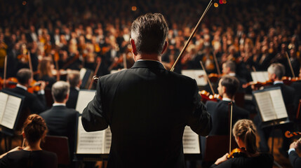 Symphony Orchestra Performance with Conductor in Focus, Live Classical Music Concert