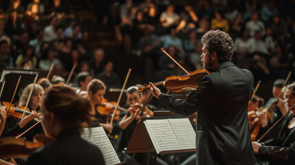 Fototapeta premium Symphony Orchestra Performance with Conductor in Focus, Live Classical Music Concert