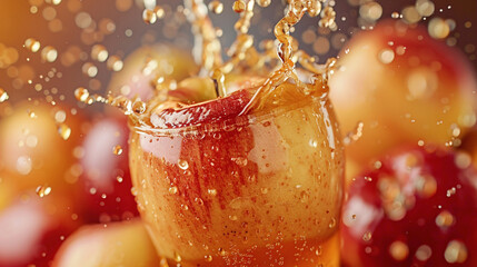 Apple juice pouring from red apples fruits in summer into a glass