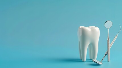 Dentistry concept. Model of a tooth and dental instruments on a colored background with space for text.