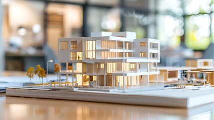Professional Real Estate Office Interior with a Scale Model of an Apartment Building, Conceptualizing Visionary Property Investment Strategies and Client Consultation Excellence
