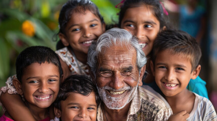 Fototapeta premium This photo captures the unity of generations, featuring both grandparents and grandchildren, to symbolize the essence of family planning on World Population Day