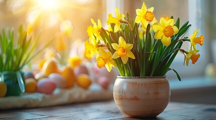   A table holds a vase filled with yellow daffodils, accompanied by a stack of eggs nearby - obrazy, fototapety, plakaty
