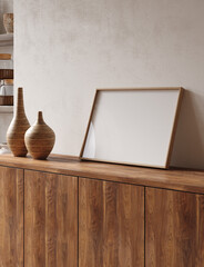Mockup frame in minimalist nomadic interior background, 3d render