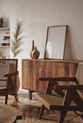 Mockup frame in minimalist nomadic interior background, 3d render