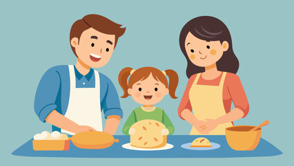 Small children gleefully kneading dough alongside their parents learning the art of bread baking at a young age..