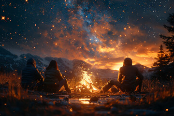 Grandparents, parents, and grandchildren gathering around a cozy campfire at night, roasting marshmallows and sharing stories under the starry sky. Generative Ai. - Powered by Adobe