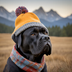 A black dog with a colorful winter hat