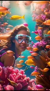 Woman discovers the colorful amazing life underwater. Diving in a beautiful reef with diverse species of fish and corals. A vertical video of life in the ocean depths.