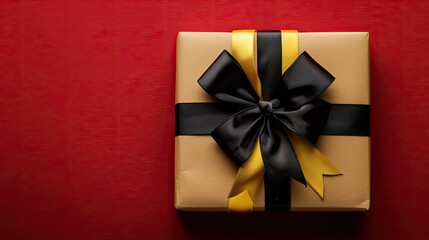 A stunning Kraft paper gift box adorned with a vibrant yellow and black ribbon bow pops against a vivid red backdrop creating the perfect space for capturing special moments Ideal for gifti