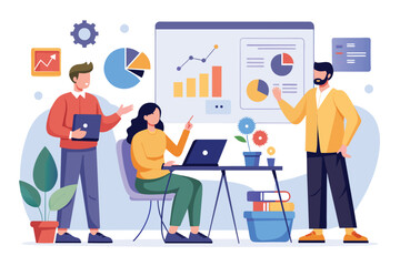 Diverse group of professionals standing around a table, analyzing data on laptops together, women present analysis data to colleagues, Simple and minimalist flat Vector Illustration