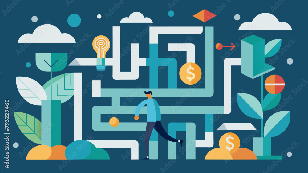Poster a maze with various financial terms and concepts as obstacles and a person navigating through and su
