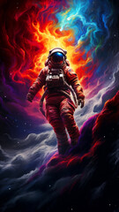 An astronaut in helmet and suit floating flowing through vibrant colorful universe clouds. Futuristic digital art