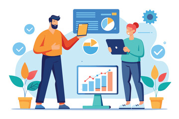 Fototapeta premium Two men analyzing growth data on tablets in front of a computer screen, men present on analyzing growth data on tablets, Simple and minimalist flat Vector Illustration