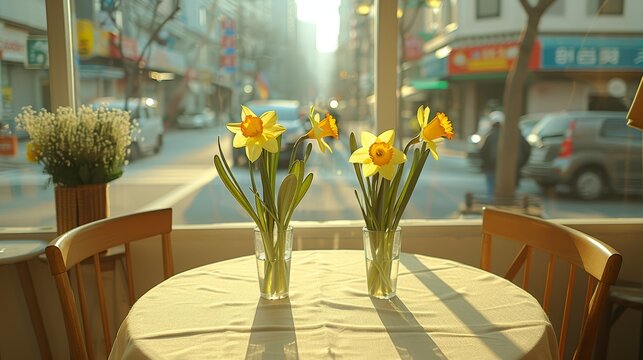   Two vases of daffodils grace a table by a city window