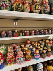 Colorful wooden dolls in the store