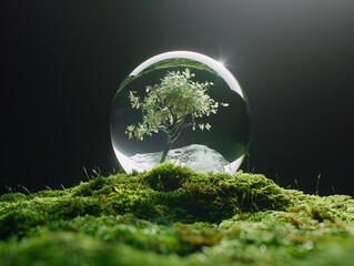 A crystal globe placed upon moss, serving as an ESG icon representing Environment