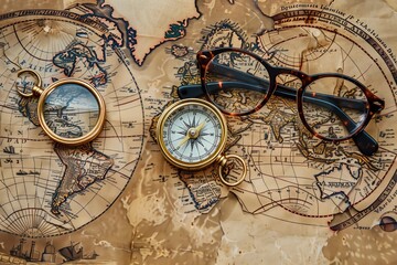 Fototapeta na wymiar Vintage compass and glasses on ancient map