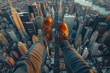 A man's feet in leather shoes dangle from an airplane above New York City, offering a bird's-eye...