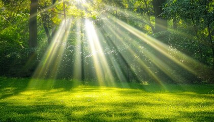 Scenic view of sunlight filtering through the trees in a serene green forest on a sunny day