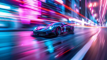 Sports car speeding through neon-lit city