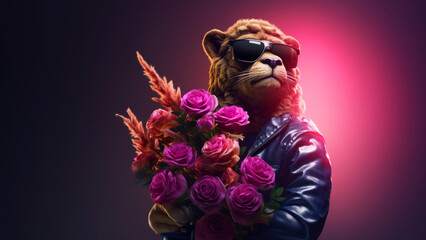 Anthropomorphic hyperrealistic cyberpunk lion animal character wearing sunglasses holding bouquet of flowers on minimal pink background. Modern pop art illustration