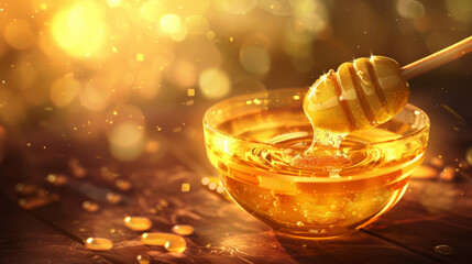 A bowl of honey is poured into a glass - obrazy, fototapety, plakaty