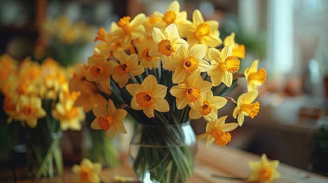  A table holds two vases, each filled with yellow daffodils