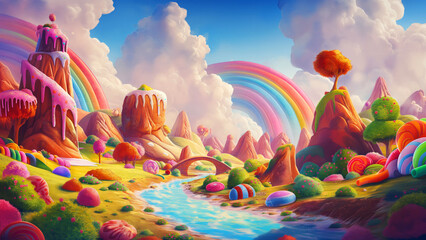 A candy land landscape with muffin mountains and creamy topping sugar river and bright rainbow bridge in fluffy clouds. Sweet wonderland kid child fantasy concept - obrazy, fototapety, plakaty