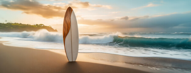A surfboard stands alone on sandy beach at sunset.