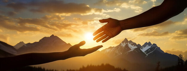 Two hands reach towards each other against a mountain sunrise. At daybreak, silhouetted palms...