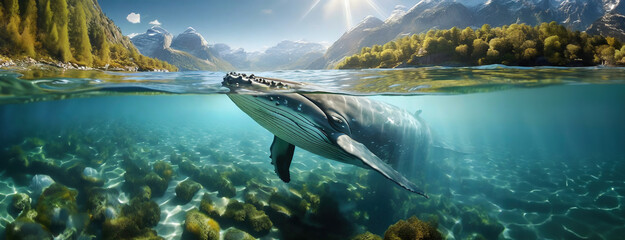 A humpback whale swims near the surface in a fjord. Beneath sunbeams, the majestic marine mammal...