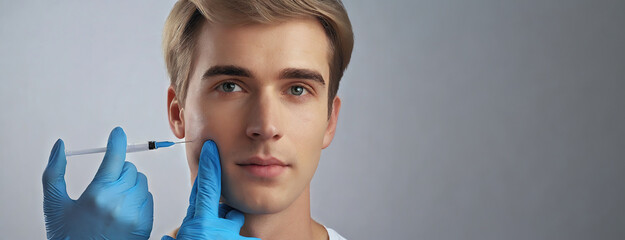 A man receives a facial injection in a clinical setting. The young male patient sits as a gloved professional administers the medical procedure to his cheek.