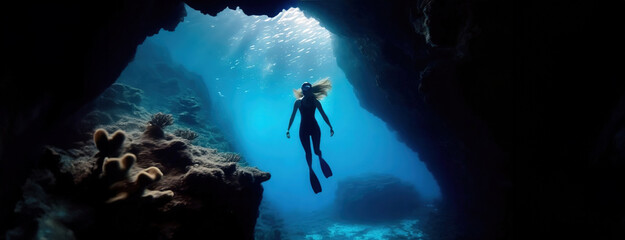 Diver explores underwater cave with sunlight filtering through. Submerged in a marine grotto, the lone adventurer is illuminated by natural light from above.