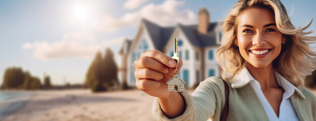 Woman with a key in front of a suburban home smiles brightly. Businesswoman stands outside a residential building, signifying new ownership or residence.