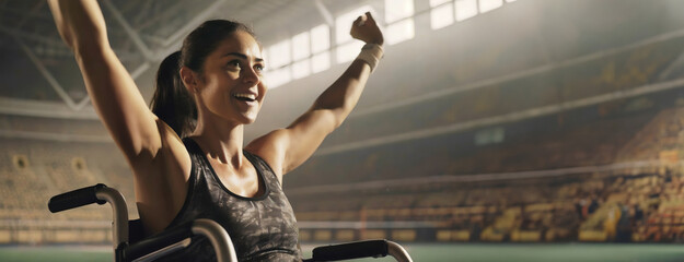 Wheelchair athlete celebrates victory in a stadium. Exuberance radiates from the sportswoman as she triumphs in an arena, arms raised in success. - obrazy, fototapety, plakaty