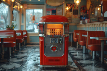 A jukebox blaring classic rock hits in a retro diner, evoking the vibrant atmosphere of the 1950s. Concept of nostalgic diner ambiance. Generative Ai.