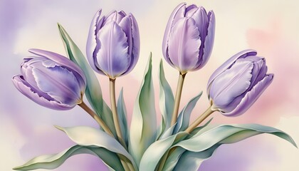  a painting of a bouquet of purple tulips, The background is a solid purple.