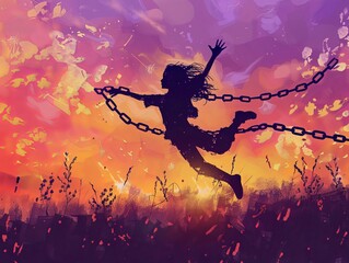 Capturing the essence of the International Day for the Remembrance of the Slave Trade and its Abolition: a silhouette of a girl leaping amidst broken chains against the backdrop  - obrazy, fototapety, plakaty