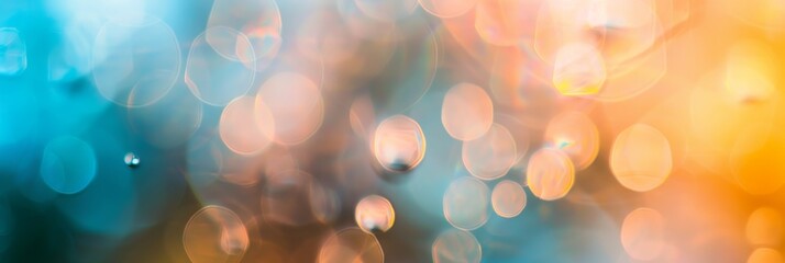 A blurry image of a blue and orange background with many small circles. The circles are of varying sizes and appear to be water droplets. Scene is dreamy and ethereal