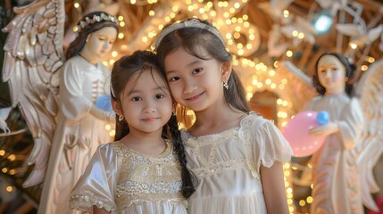 Two young girls are posing for a picture in front of a Christmas tree