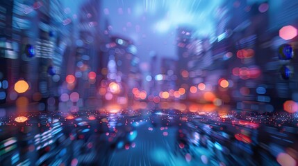 Fototapeta premium A blurry cityscape with a lot of lights and cars. Scene is busy and bustling