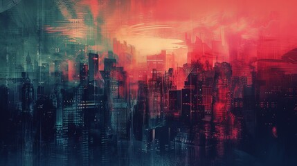 A cityscape with a red and blue background. The city is lit up with lights, giving it a vibrant and energetic feel. The colors and lighting create a sense of movement and excitement
