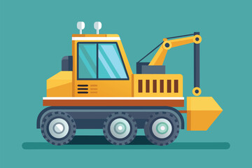 Fototapeta premium A yellow construction vehicle equipped with a crane, modern construction machinery, Simple and minimalist flat Vector Illustration