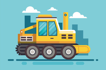Obraz na płótnie Canvas A yellow bulldozer stands out on a vibrant blue background, ready for construction work, modern construction machinery, Simple and minimalist flat Vector Illustration