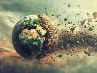An image depicting a world in disarray, collapsing and disintegrating, symbolizing the urgent need for environmental conservation and preservation efforts