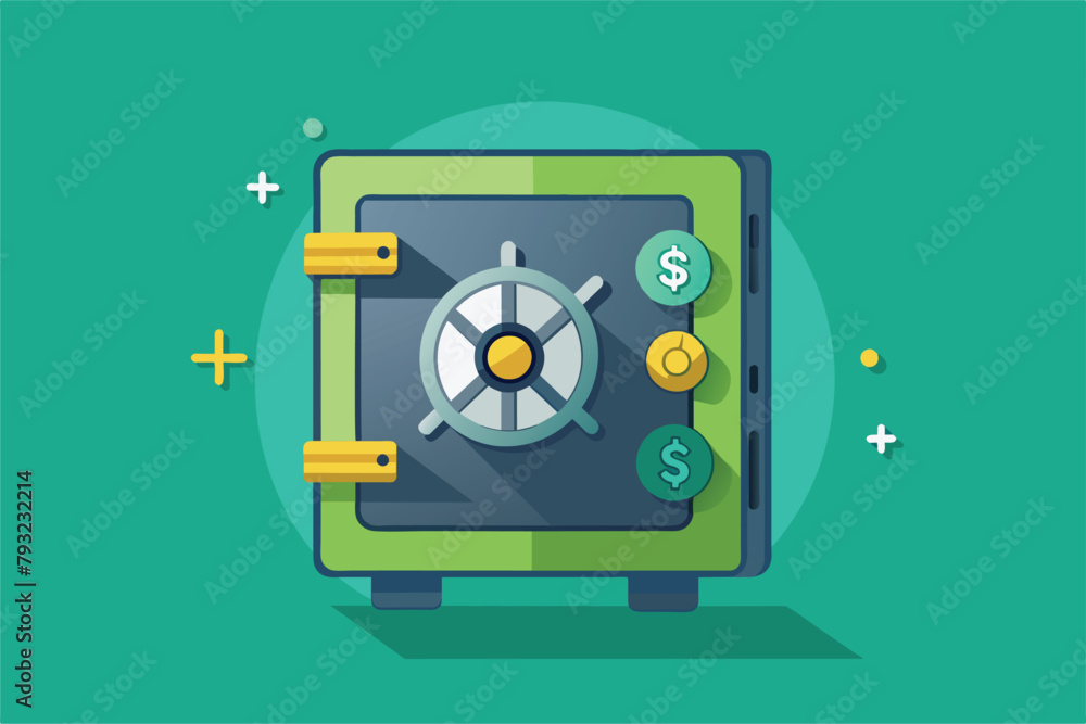 Poster simple and minimalist green box with a clock inside, money safe, simple and minimalist flat vector i